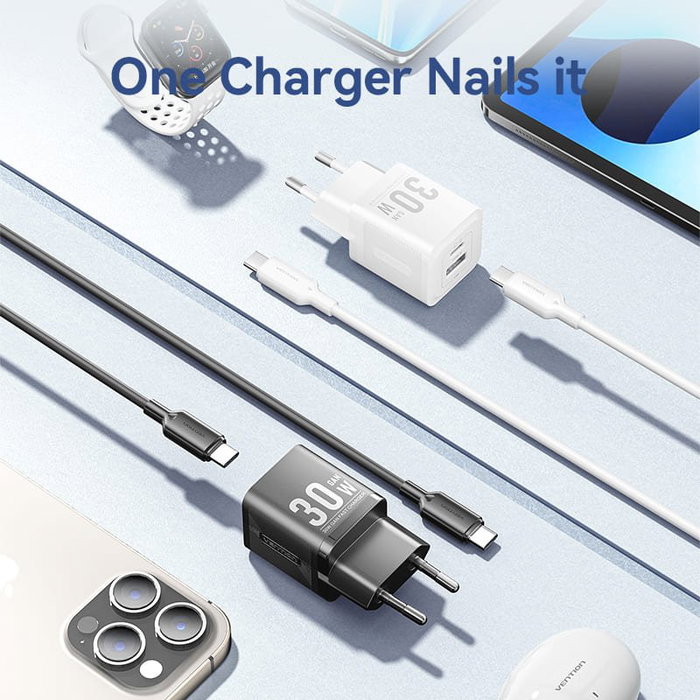 Vention Cargador de Pared GaN 30W con 2 Puertos USB y Cable USB-C Vention Cargador de Pared GaN 30W con 2 Puertos USB y Cable USB-C